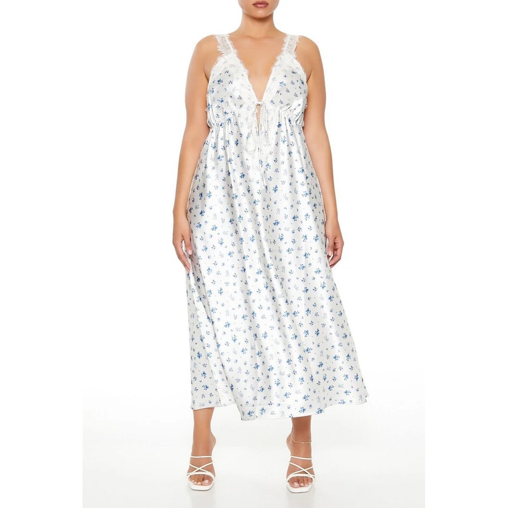 Forever 21 Womens Cottagecore Ditsy‎ Floral Lace Trim Midi Dress Size S White